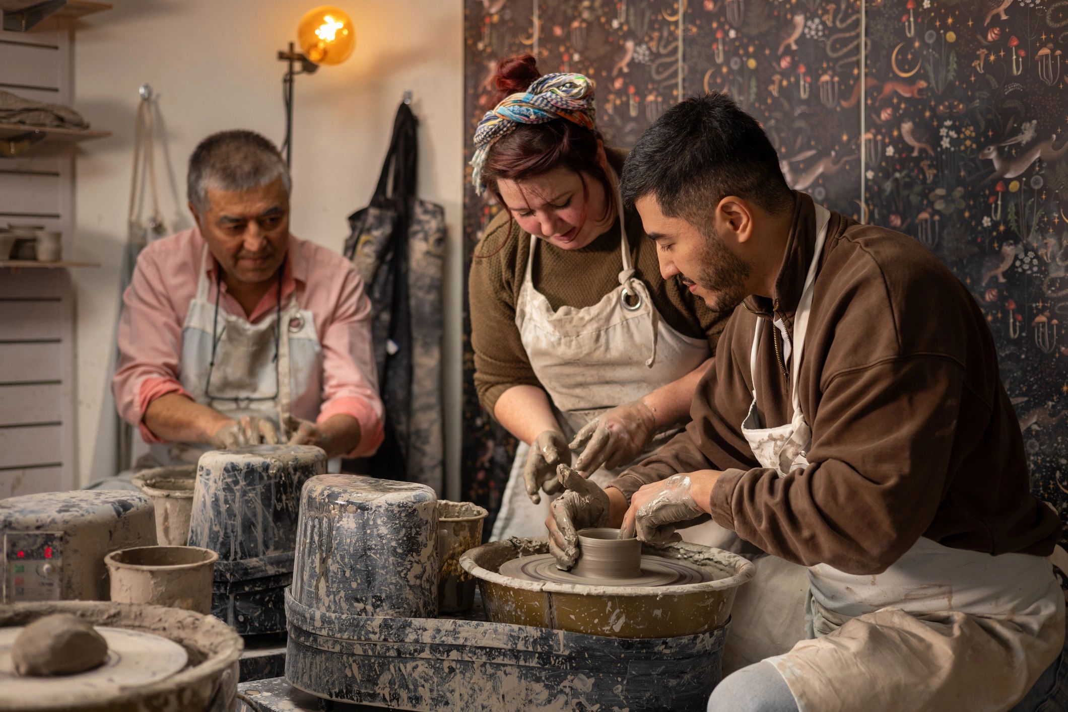 Pottery class in session with students working at wheels
